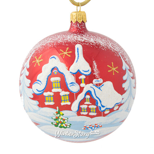 Стеклянный елочный шар Снежный пейзаж 9 см красный Фабрика Елочка