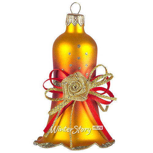 Стеклянное елочное украшение Колокольчик Декоративный 8.5 см золотой с красным Фабрика Елочка