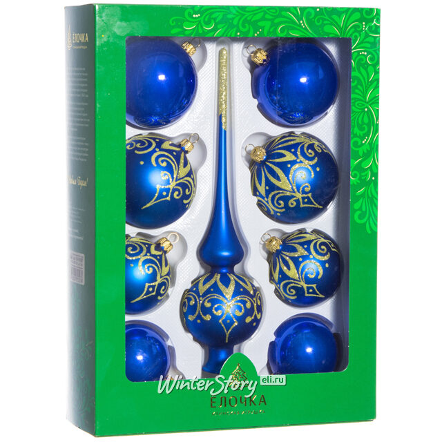 Набор стеклянных елочных шаров с верхушкой Вечерний синий Фабрика Елочка