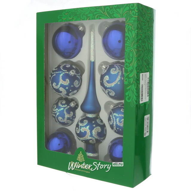 Набор стеклянных елочных шаров с верхушкой Метелица синий Фабрика Елочка