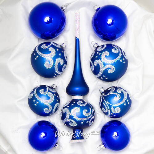 Набор стеклянных елочных шаров с верхушкой Метелица синий Фабрика Елочка