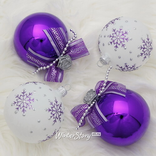 Набор стеклянных елочных шаров Романтика 7 см, 4 шт белый с  фиолетовым Фабрика Елочка