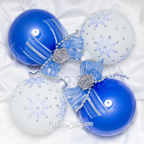 Набор стеклянных елочных шаров Романтика 7 см, 4 шт белый с голубым Фабрика Елочка