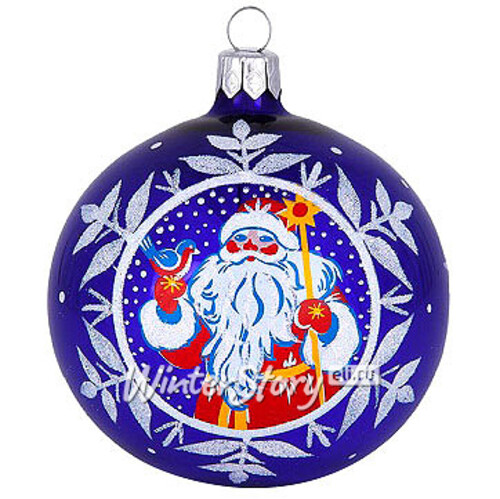 Стеклянный елочный шар Дед Мороз 7 см синий Фабрика Елочка