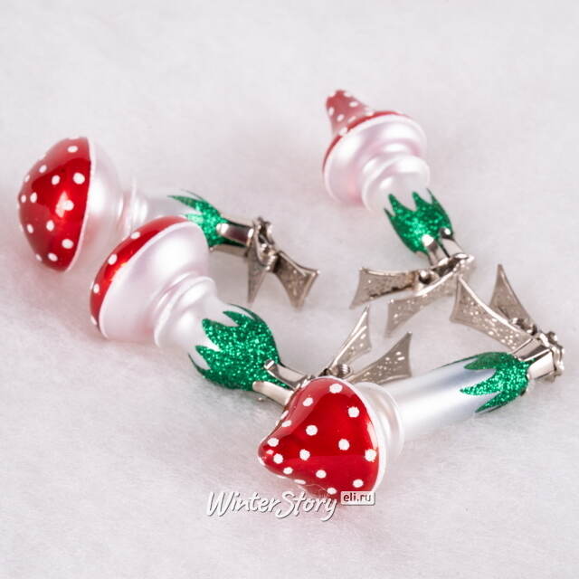 Набор стеклянных елочных игрушек Мухоморы 6 см, 4 шт, клипса Фабрика Елочка