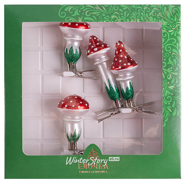 Набор стеклянных елочных игрушек Мухоморы 6 см, 4 шт, клипса Фабрика Елочка