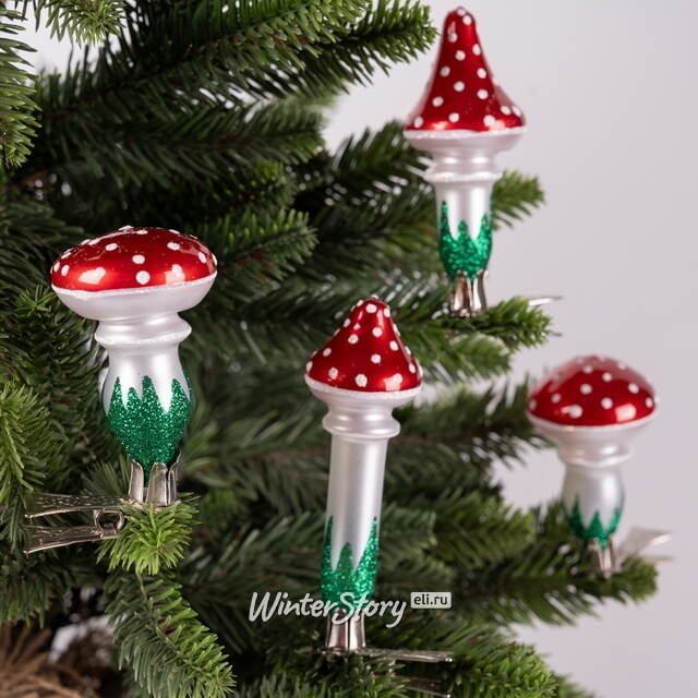 Набор стеклянных елочных игрушек Мухоморы 6 см, 4 шт, клипса Фабрика Елочка