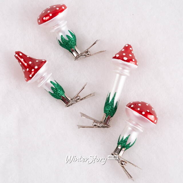 Набор стеклянных елочных игрушек Мухоморы 6 см, 4 шт, клипса Фабрика Елочка