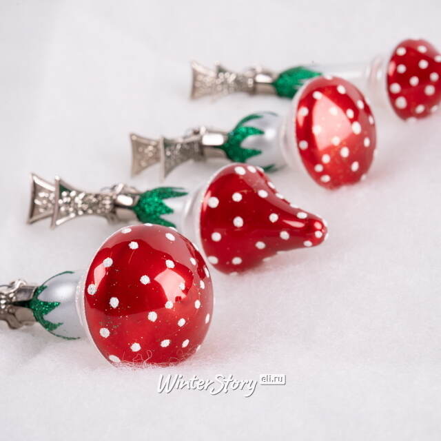 Набор стеклянных елочных игрушек Мухоморы 6 см, 4 шт, клипса Фабрика Елочка