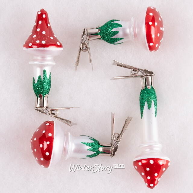Набор стеклянных елочных игрушек Мухоморы 6 см, 4 шт, клипса Фабрика Елочка