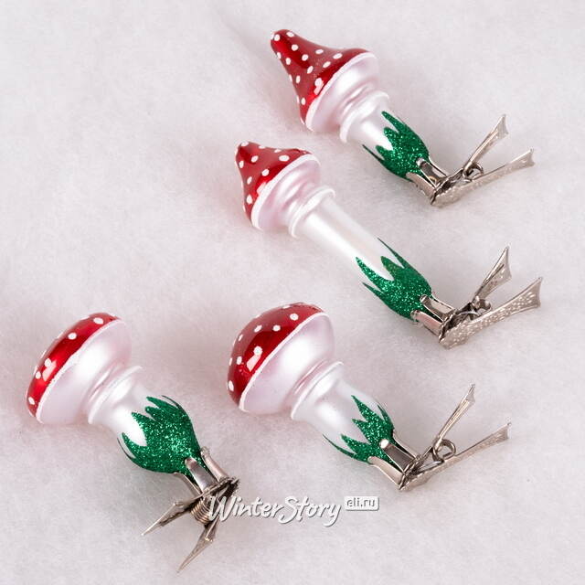 Набор стеклянных елочных игрушек Мухоморы 6 см, 4 шт, клипса Фабрика Елочка