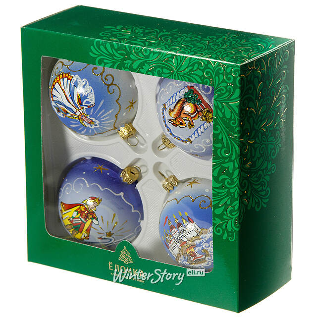 Набор стеклянных елочных шаров Сказки Пушкина 7 см, 4 шт Фабрика Елочка