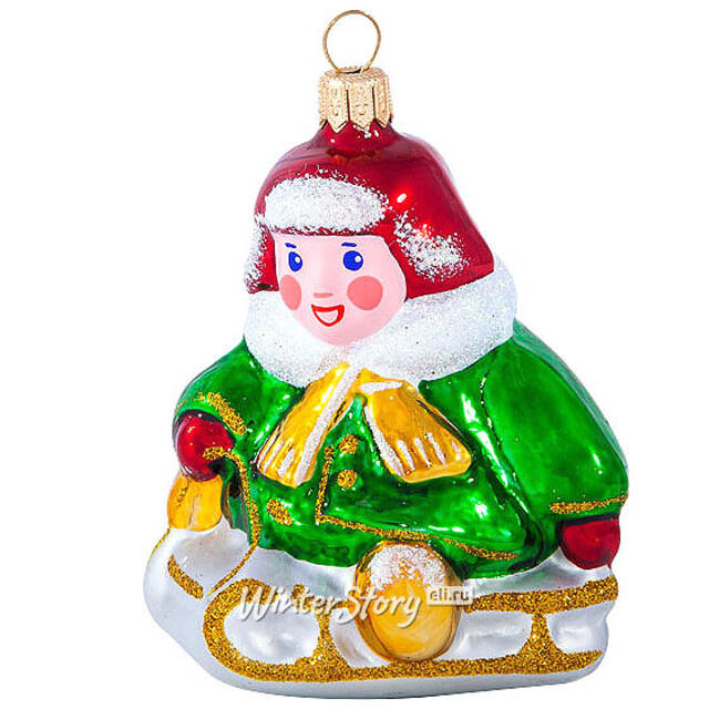 Стеклянная елочная игрушка Мальчик на Санках 8 см Фабрика Елочка