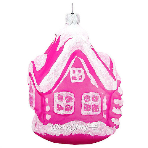 Стеклянная елочная игрушка Домик с Елкой 8 см розовый, подвеска Фабрика Елочка
