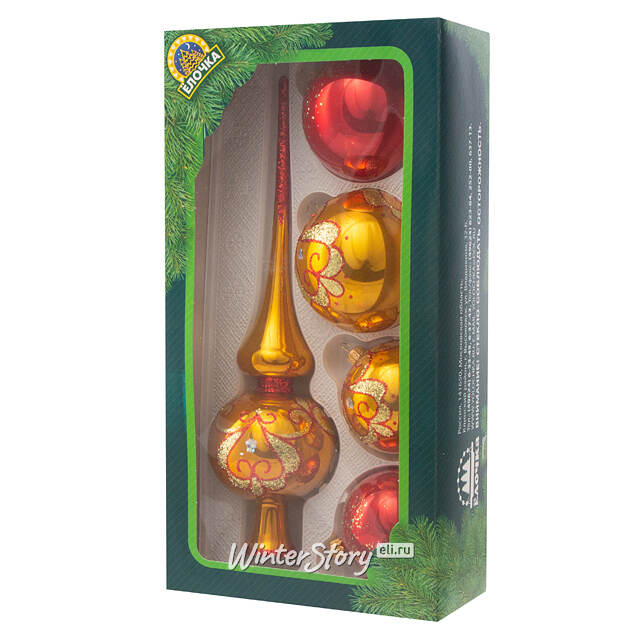Набор стеклянных елочных шаров с верхушкой Аврора Фабрика Елочка
