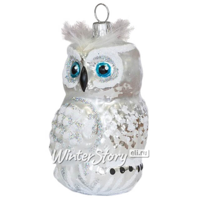 Стеклянная елочная игрушка Сова 8 см белая с серебром, подвеска Фабрика Елочка