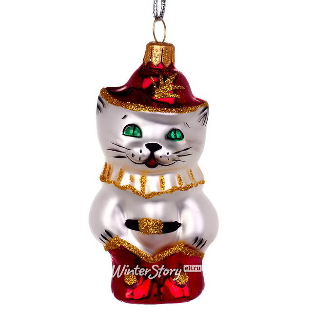 Стеклянная елочная игрушка Кот в Сапогах 8 см, подвеска Фабрика Елочка