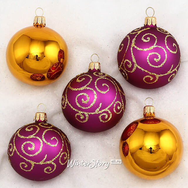 Набор стеклянных елочных шаров Лоза 6 см, 5 шт, фиолетовый с золотым Фабрика Елочка
