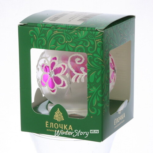 Стеклянный елочный шар Цветочный узор 7 см прозрачный с розовым Фабрика Елочка