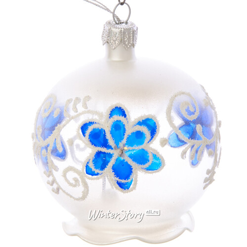Стеклянный елочный шар Цветочный узор 7 см прозрачный с синим Фабрика Елочка