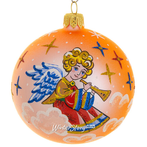 Стеклянный елочный шар Ангел с дудочкой 8 см оранжевый Фабрика Елочка