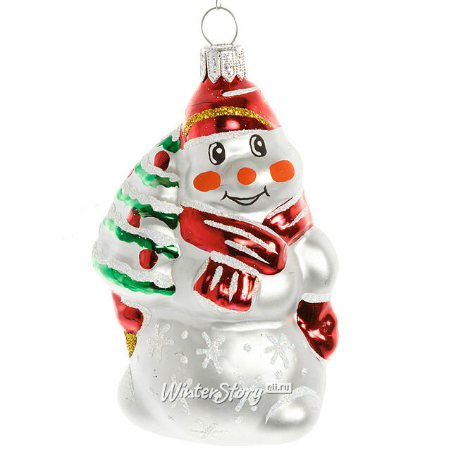 Стеклянная елочная игрушка Снеговик с Елкой 8 см, подвеска Фабрика Елочка
