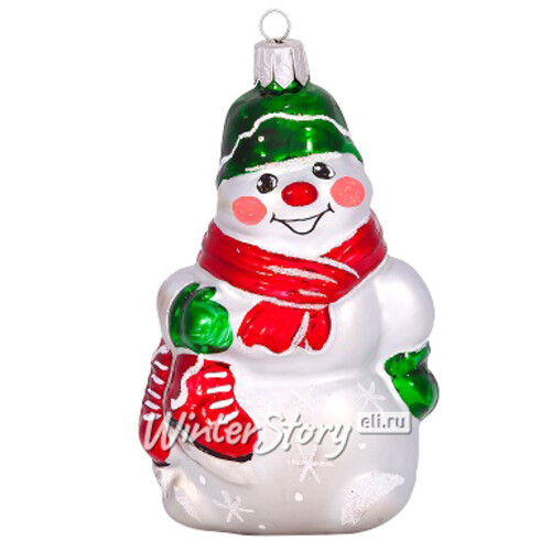Стеклянная елочная игрушка Снеговик в зеленом шарфе 8 см, подвеска Фабрика Елочка