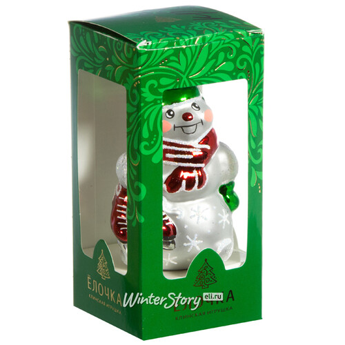 Стеклянная елочная игрушка Снеговик в красном шарфе 8 см, подвеска Фабрика Елочка