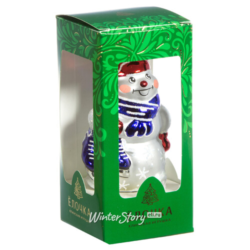 Стеклянная елочная игрушка Снеговик в синем шарфе 8 см, подвеска Фабрика Елочка