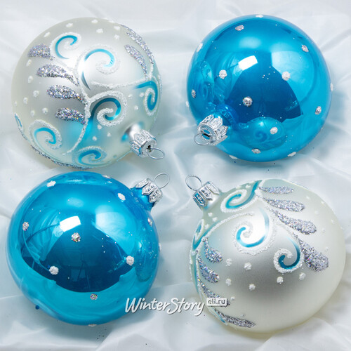 Набор стеклянных елочных шаров Морозец 7 см, 4 шт белый с голубым Фабрика Елочка