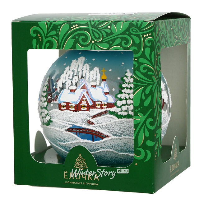 Стеклянный елочный шар Морозный день 11 см голубой Фабрика Елочка