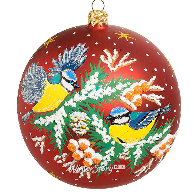 Стеклянный елочный шар Птички 11 см красный Фабрика Елочка