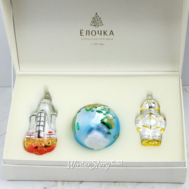 Набор стеклянных елочных игрушек Космический, 3 шт, золотой, подвеска Фабрика Елочка