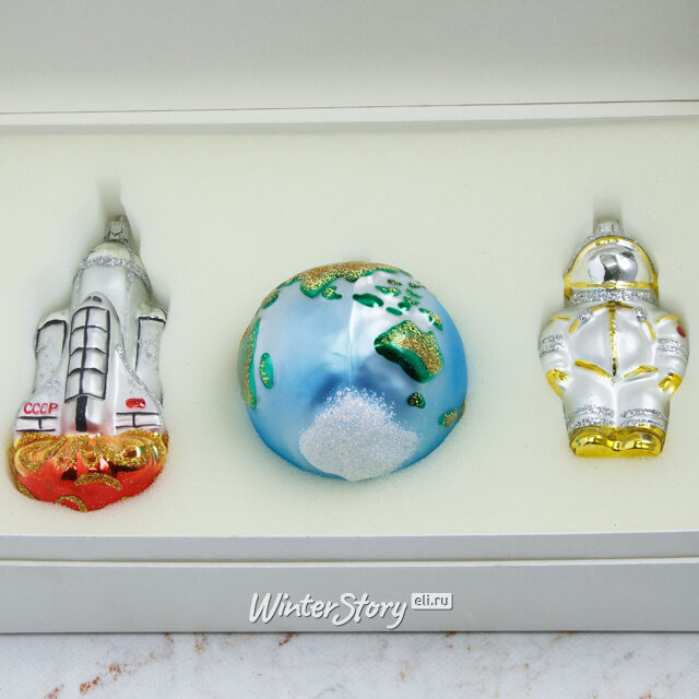 Набор стеклянных елочных игрушек Космический, 3 шт, золотой, подвеска Фабрика Елочка