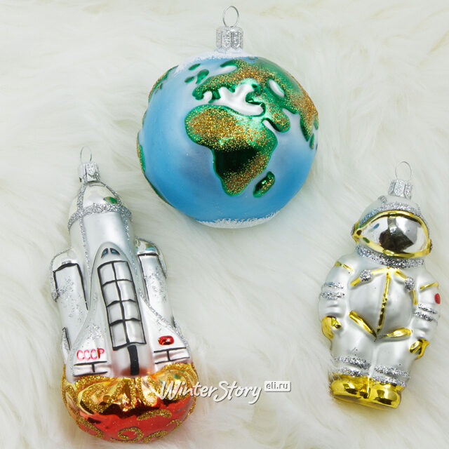 Набор стеклянных елочных игрушек Космический, 3 шт, золотой, подвеска Фабрика Елочка