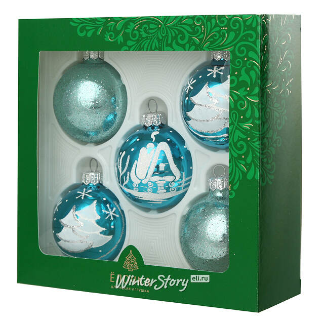 Набор стеклянных елочных шаров Морозко 6 см, 5 шт, голубой Фабрика Елочка