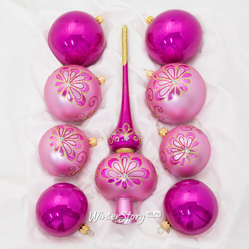 Набор стеклянных елочных шаров с верхушкой Грезы, розовый с вишневым Фабрика Елочка