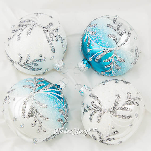 Набор стеклянных елочных шаров Зимнее сияние 7 см, 4 шт, бирюзовый Фабрика Елочка