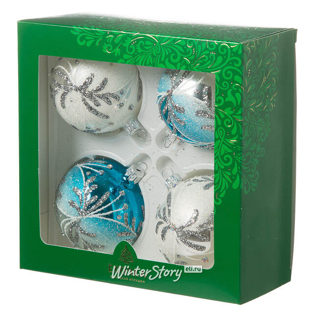 Набор стеклянных елочных шаров Зимнее сияние 7 см, 4 шт, бирюзовый Фабрика Елочка