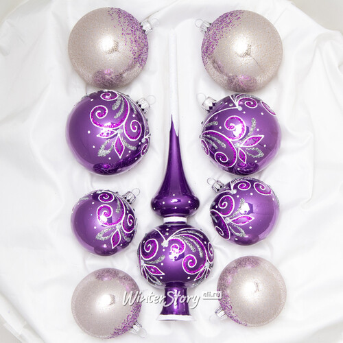 Набор стеклянных елочных шаров с верхушкой Новелла фиолетовый Фабрика Елочка