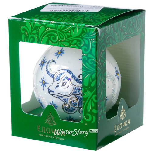 Стеклянный елочный шар Зодиак - Благородный Бык 8 см белый Фабрика Елочка