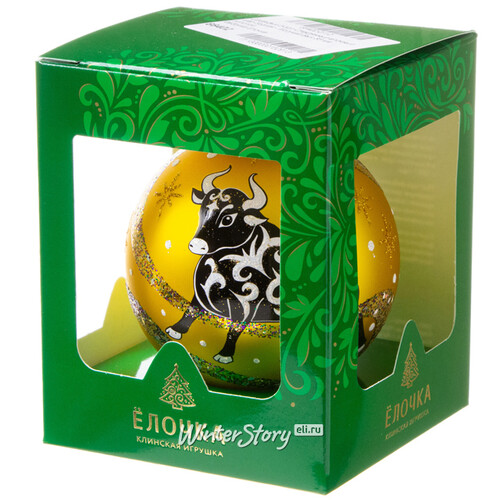 Стеклянный елочный шар Зодиак - Могучий Бык 8 см золотой Фабрика Елочка