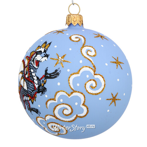 Стеклянный елочный шар Зодиак - Дракон со звездочкой 8 см голубой Фабрика Елочка