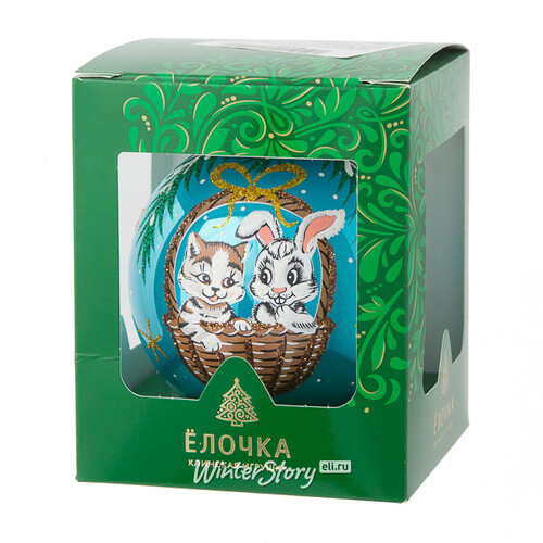 Стеклянный елочный шар Зодиак - Кот и Кролик в корзинке 8 см бирюзовый Фабрика Елочка