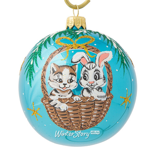 Стеклянный елочный шар Зодиак - Кот и Кролик в корзинке 8 см бирюзовый Фабрика Елочка