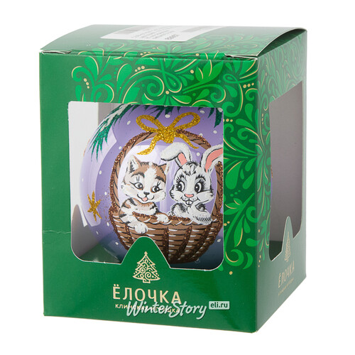 Стеклянный елочный шар Зодиак - Кот и Кролик в корзинке 8 см сиреневый Фабрика Елочка