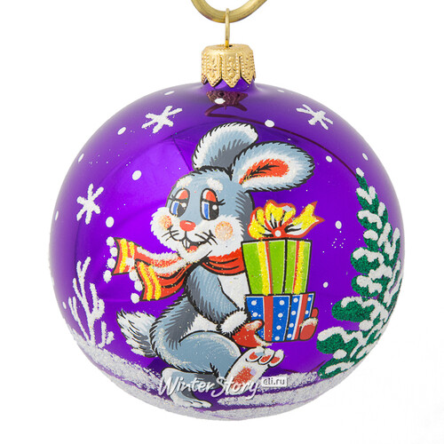 Стеклянный елочный шар Зодиак - Кролик с подарками 8 см фиолетовый Фабрика Елочка