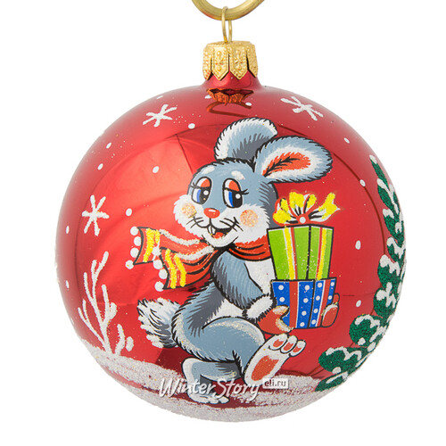 Стеклянный елочный шар Зодиак - Кролик с подарками 8 см красный Фабрика Елочка