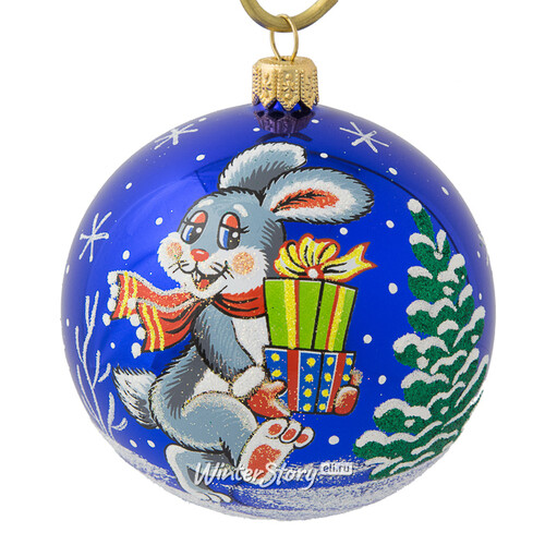 Стеклянный елочный шар Зодиак - Кролик с подарками 8 см синий Фабрика Елочка