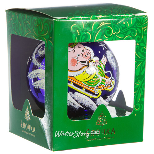 Стеклянный елочный шар Зодиак - Свинья на санках 8 см фиолетовый Фабрика Елочка